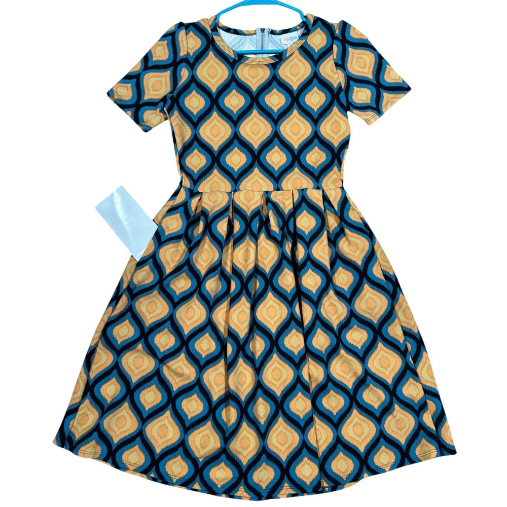 LuLaRoe Women Blue Orange Geometric Ogee Print Short Sleeve Fit Flare Dress Sz S